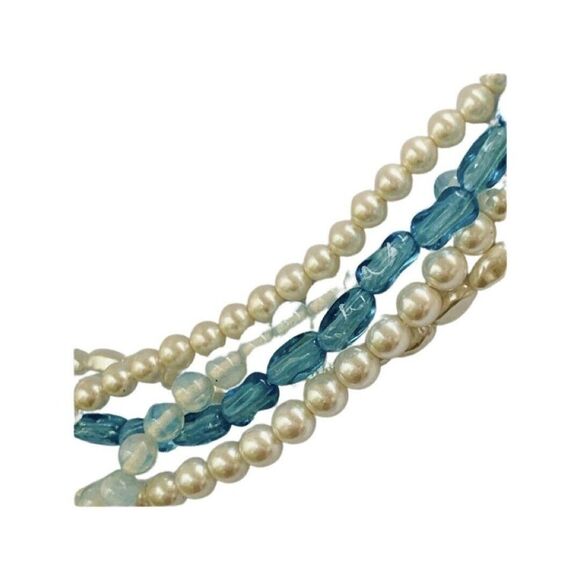 Womens Blue Tan Beaded Faux Pearl 5 Tier Silver Princess Vintage Necklace 18” - Picture 6 of 8